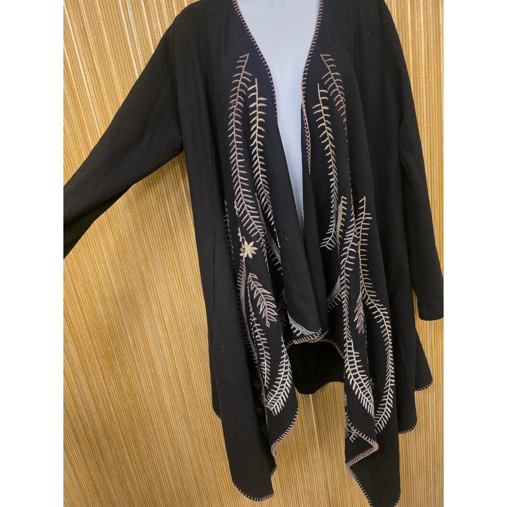 XCVI Black Embroidered Duster Cardigan Waterfall Open Front Lagenlook Boho M Art